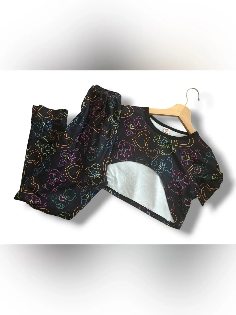 Black Neon Heart & Teddy Bear Print Matching 2pc Cropped Top & Pants Tween Set
